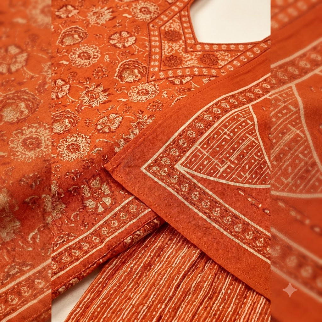 Orange Mandala Print Embroidered Patiala Suit — House of Kapasa