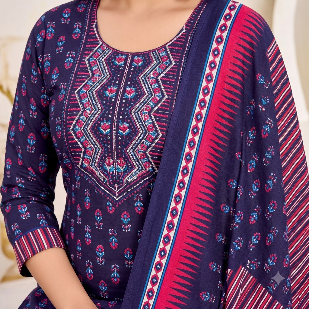 Navy Multicolor Print Embroidered Patiala Suit — House of Kapasa