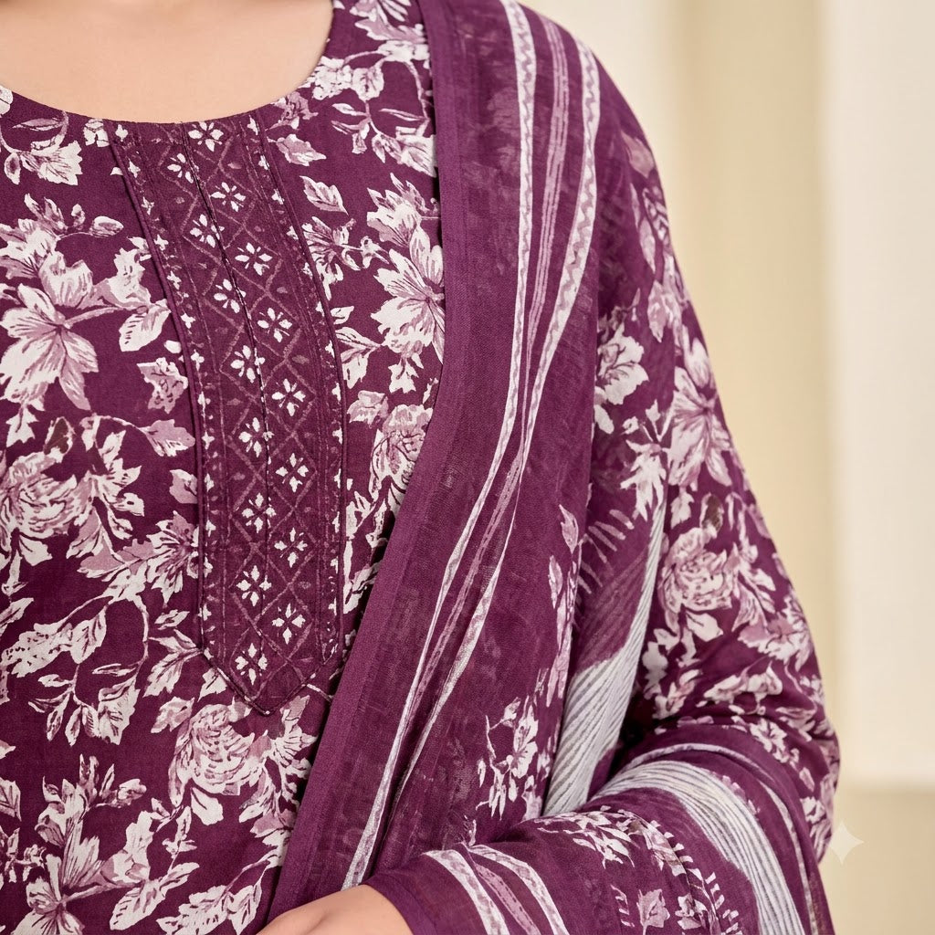 Wine Floral Print Embroidered Patiala Suit — House of Kapasa