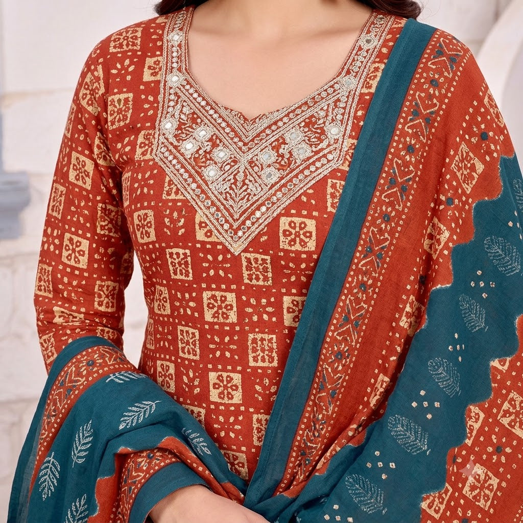 Rust Ajrakh Embroidered Patiala Suit — House of Kapasa
