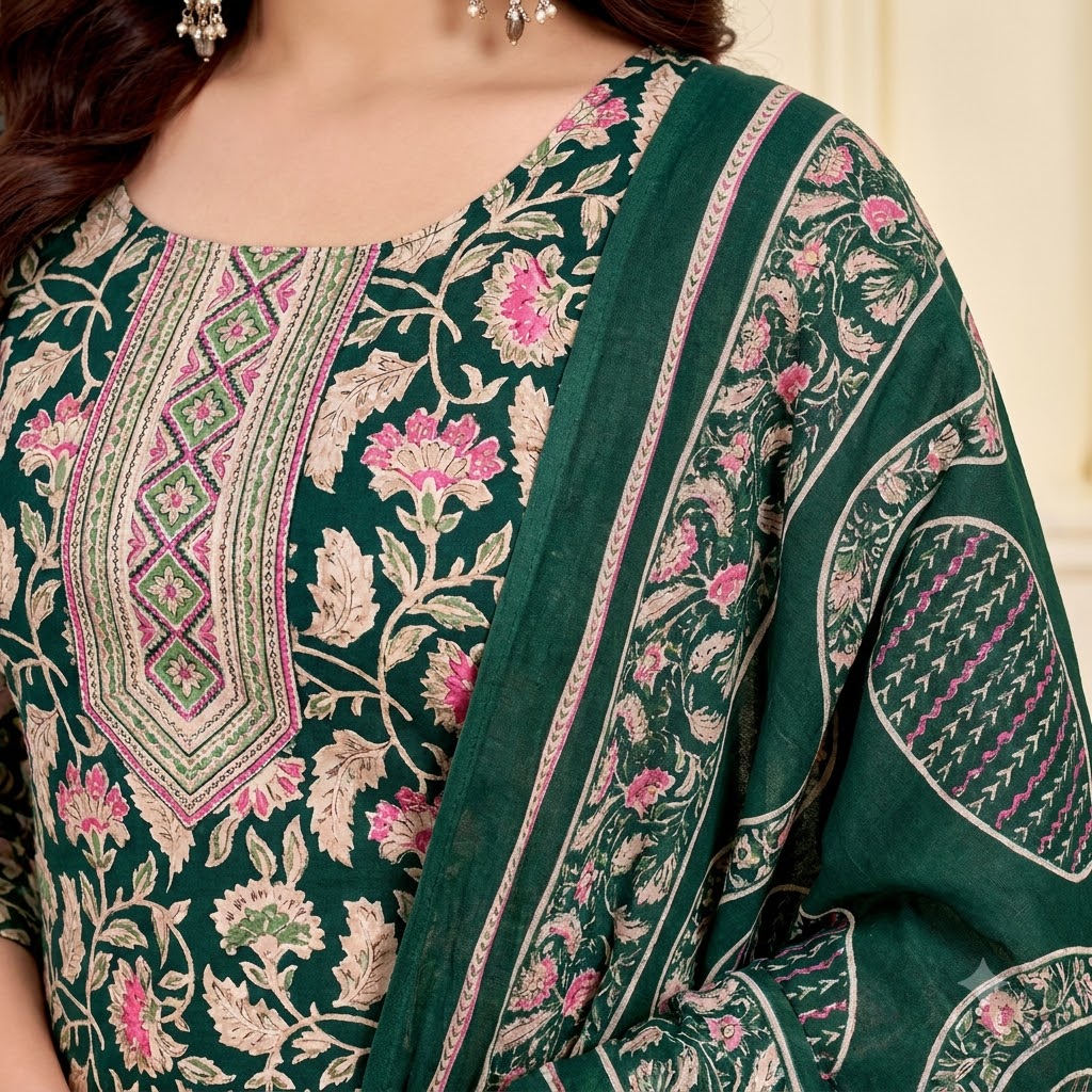 Bottle Green Floral Embroidered Patiala Suit — House of Kapasa