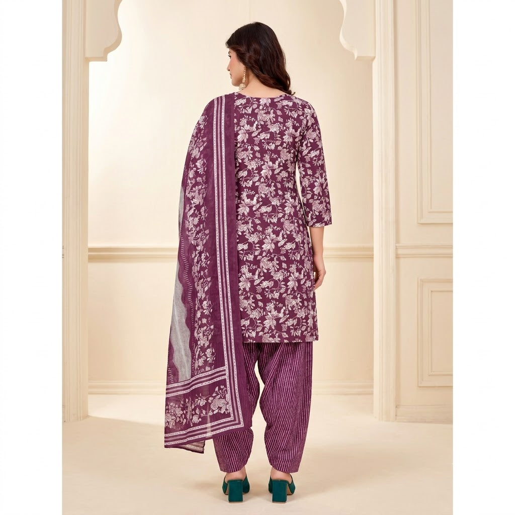 Wine Floral Print Embroidered Patiala Suit — House of Kapasa
