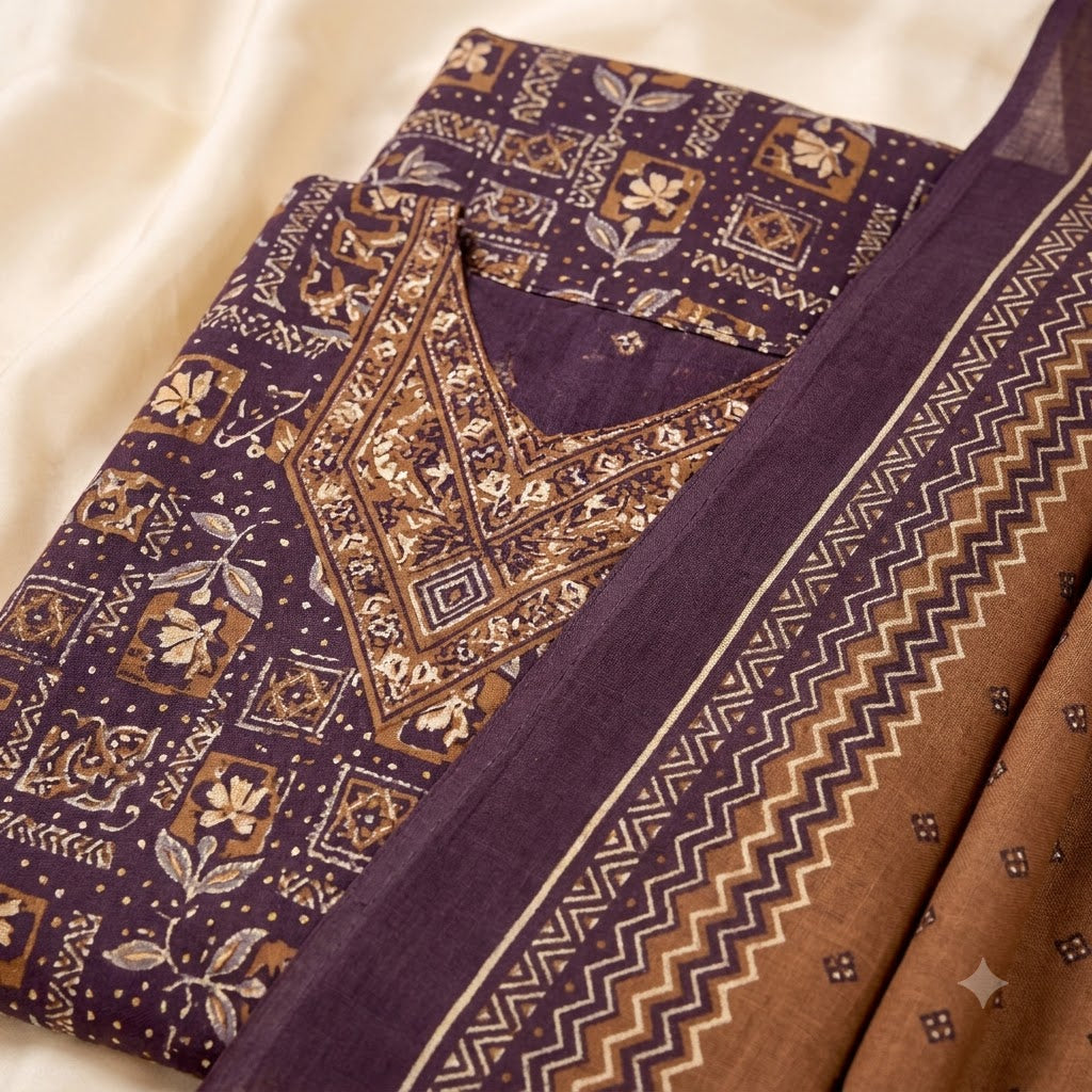 Mauve Ajrakh Print Embroidered Patiala Suit — House of Kapasa