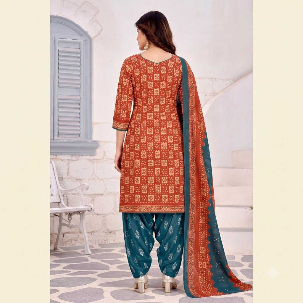Rust Ajrakh Embroidered Patiala Suit — House of Kapasa