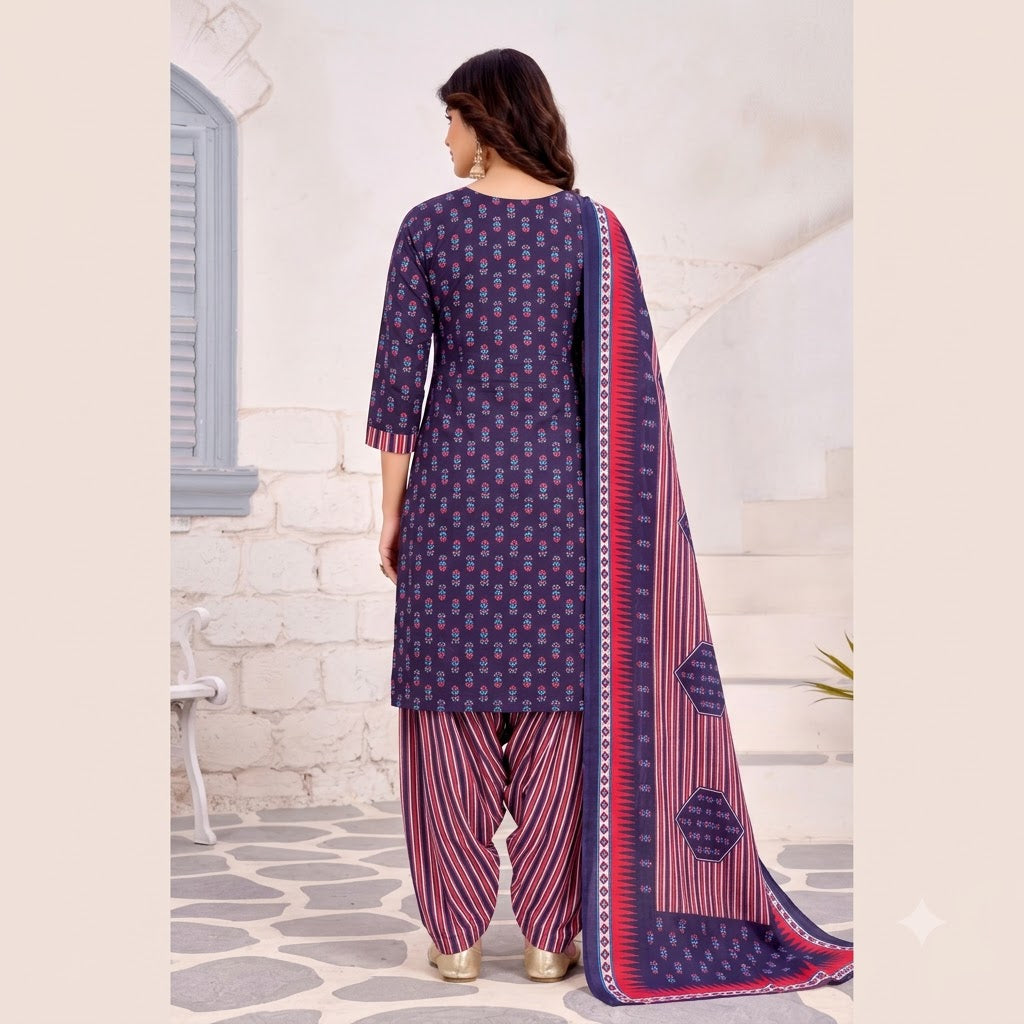 Navy Multicolor Print Embroidered Patiala Suit — House of Kapasa