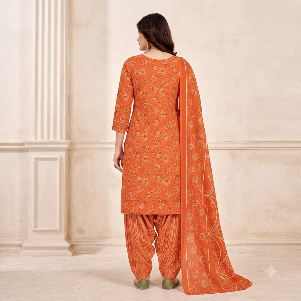 Orange Mandala Print Embroidered Patiala Suit — House of Kapasa