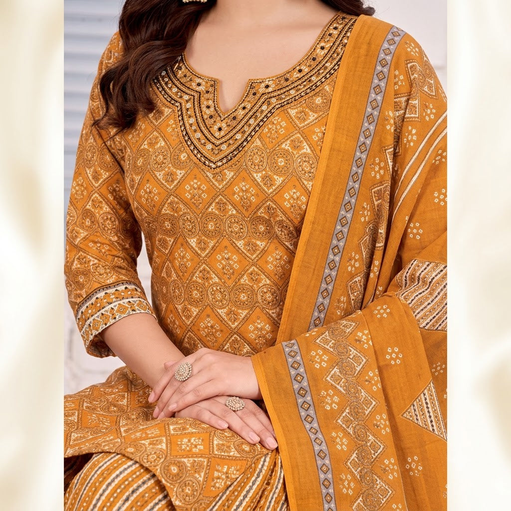 Mustard Diamond Print Embroidered Patiala Suit — House of Kapasa