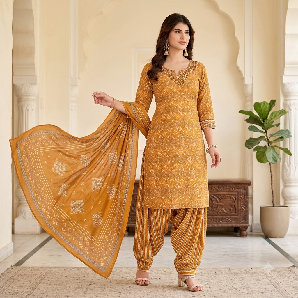 Mustard Diamond Print Embroidered Patiala Suit — House of Kapasa