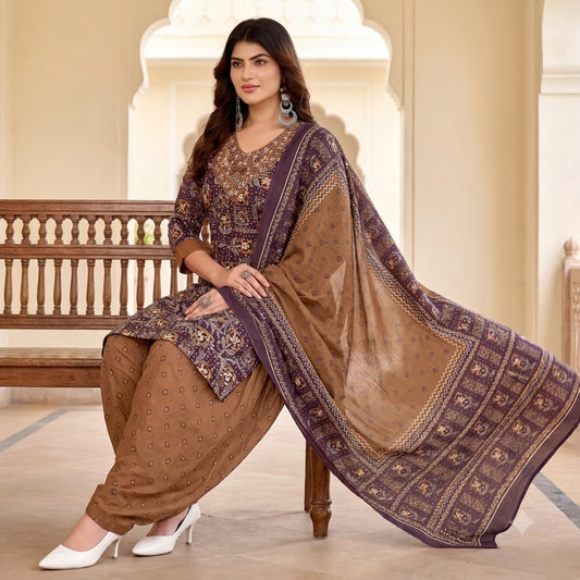 Mauve Ajrakh Print Embroidered Patiala Suit — House of Kapasa