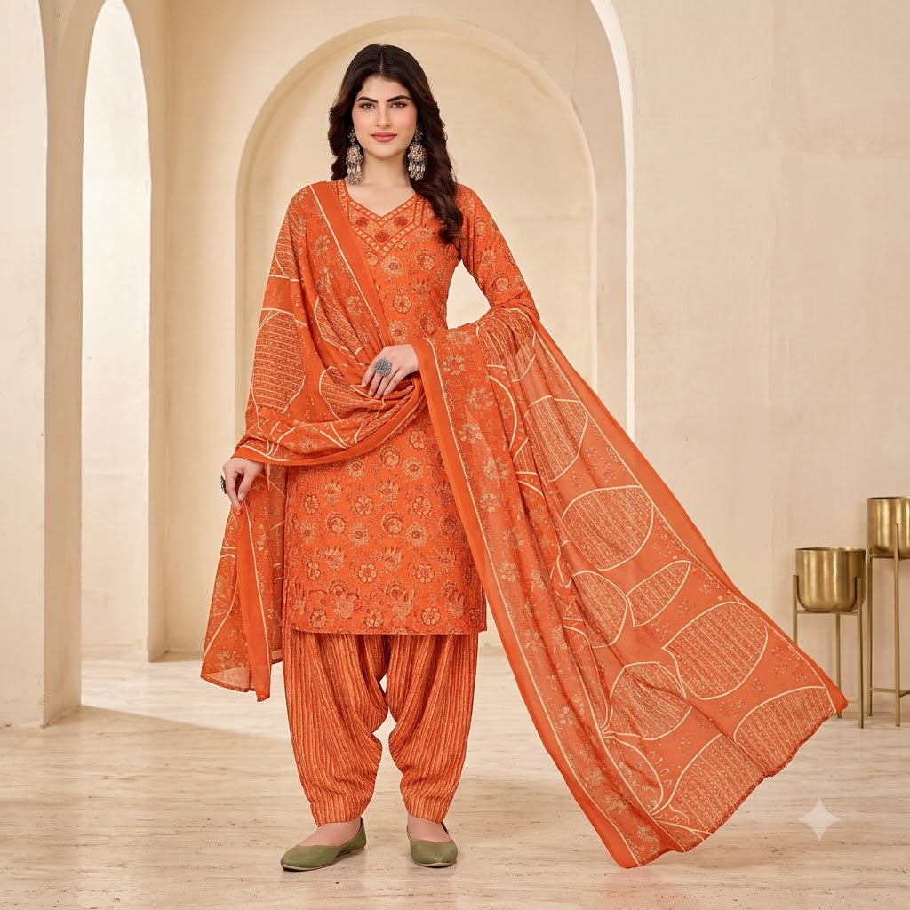 Orange Mandala Print Embroidered Patiala Suit — House of Kapasa