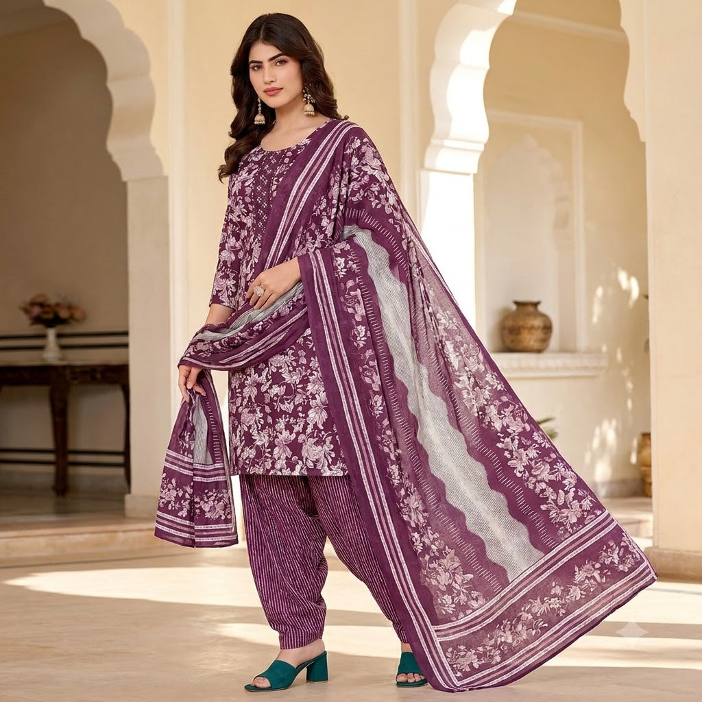 Wine Floral Print Embroidered Patiala Suit — House of Kapasa