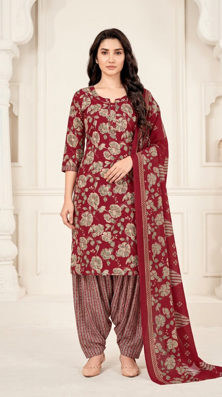 Maroon Floral Patiala Suit — House of Kapasa
