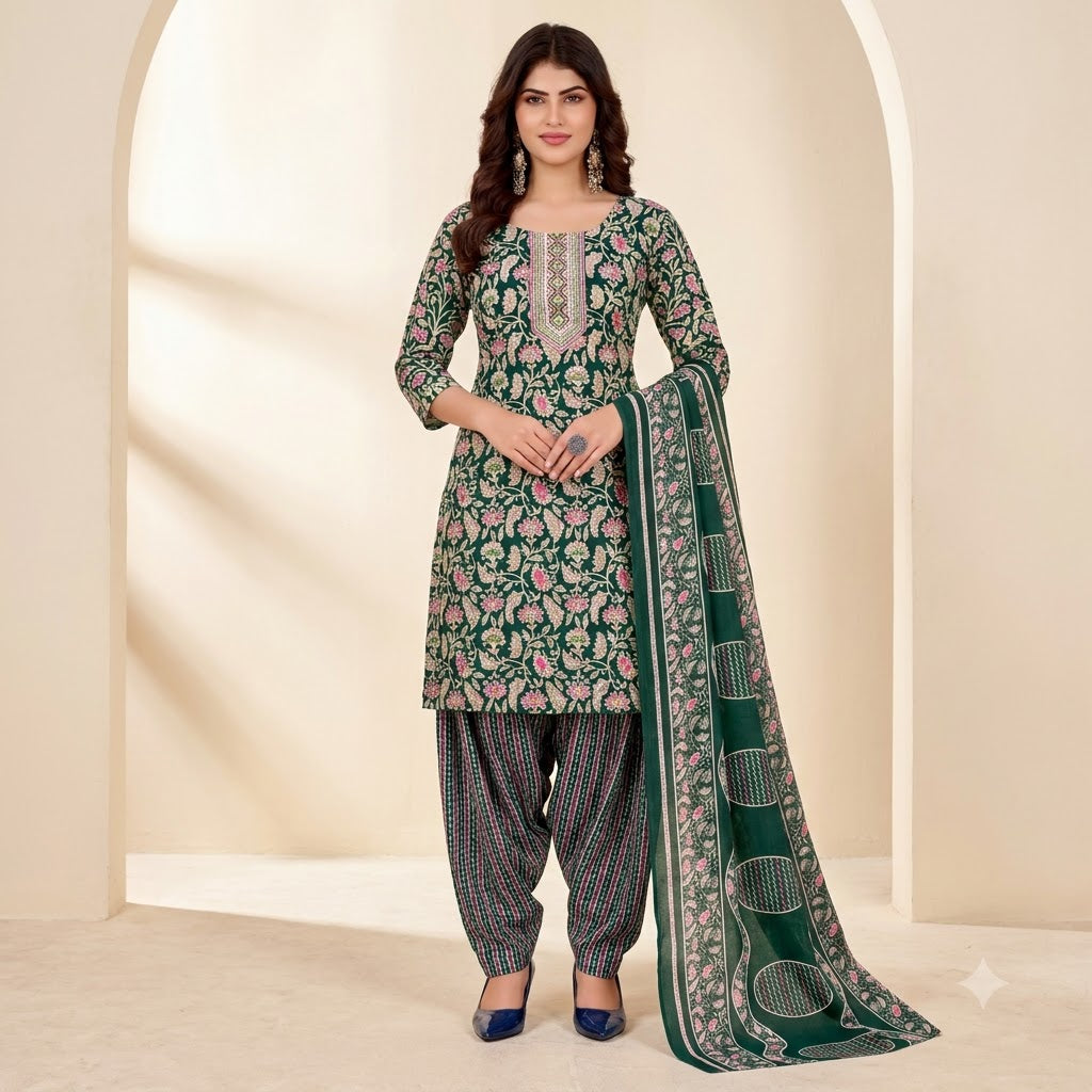 Bottle Green Floral Embroidered Patiala Suit — House of Kapasa