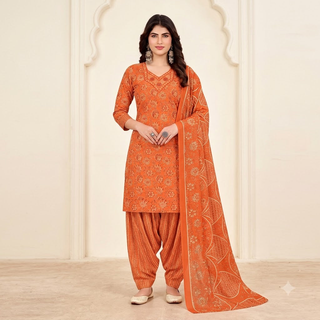 Orange Mandala Print Embroidered Patiala Suit — House of Kapasa