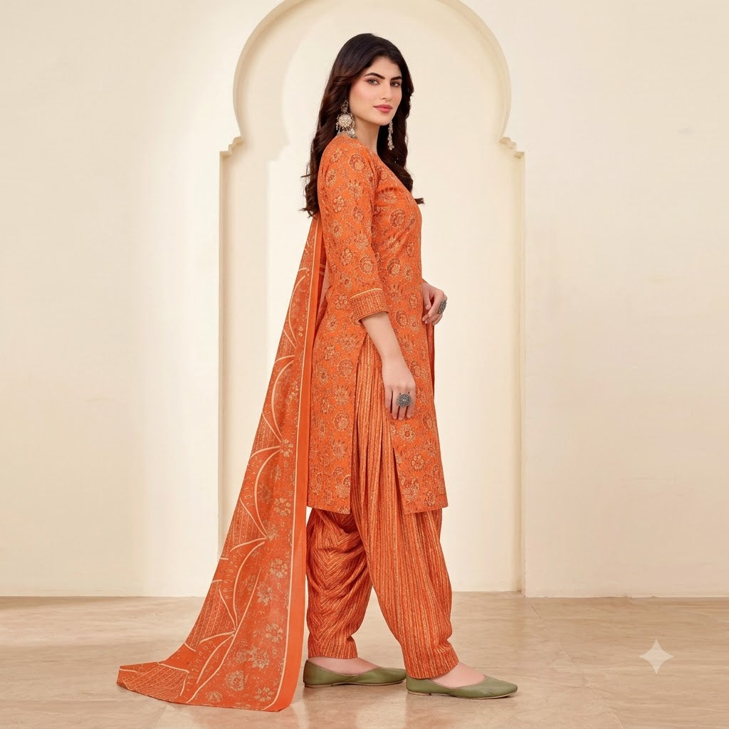 Orange Mandala Print Embroidered Patiala Suit — House of Kapasa