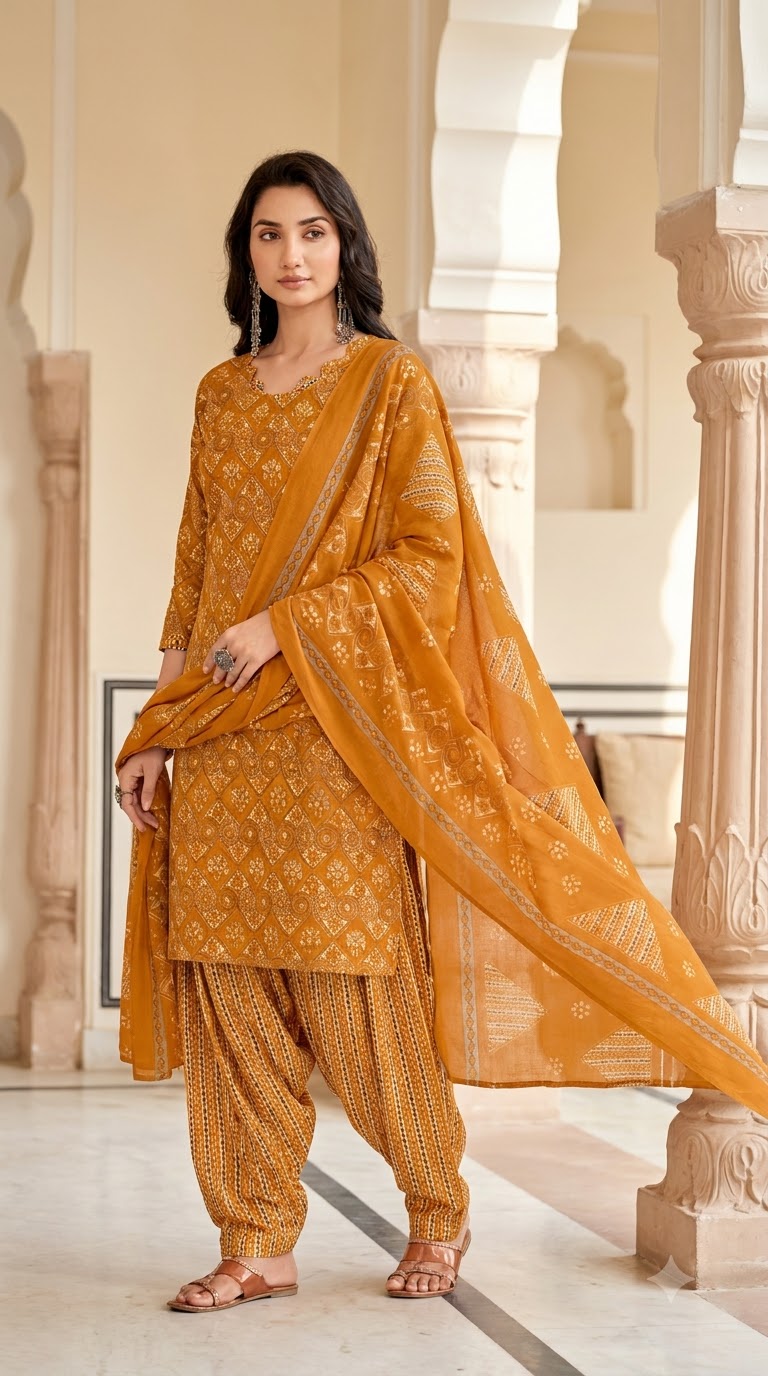 Mustard Yellow Bandhani Patiala Suit — House of Kapasa