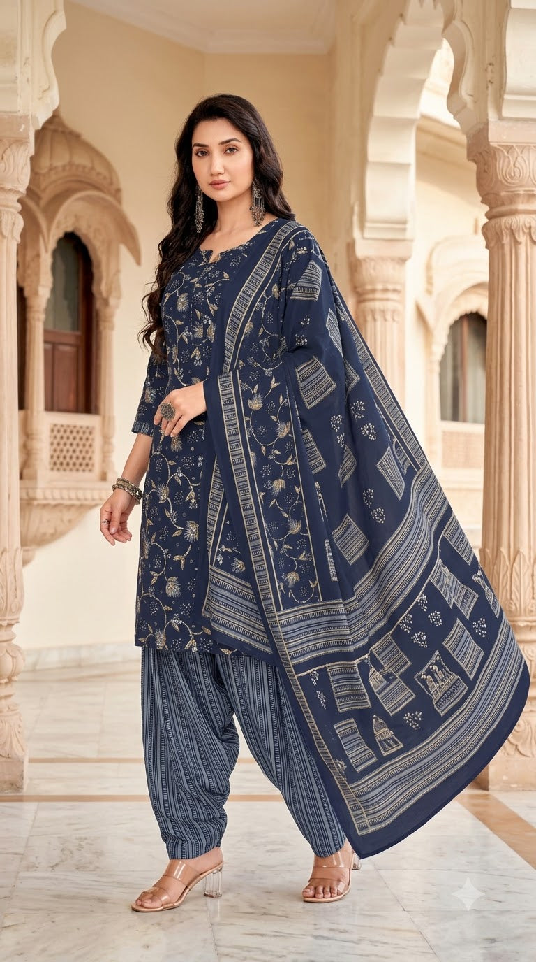 Navy Floral Patiala Suit — House of Kapasa