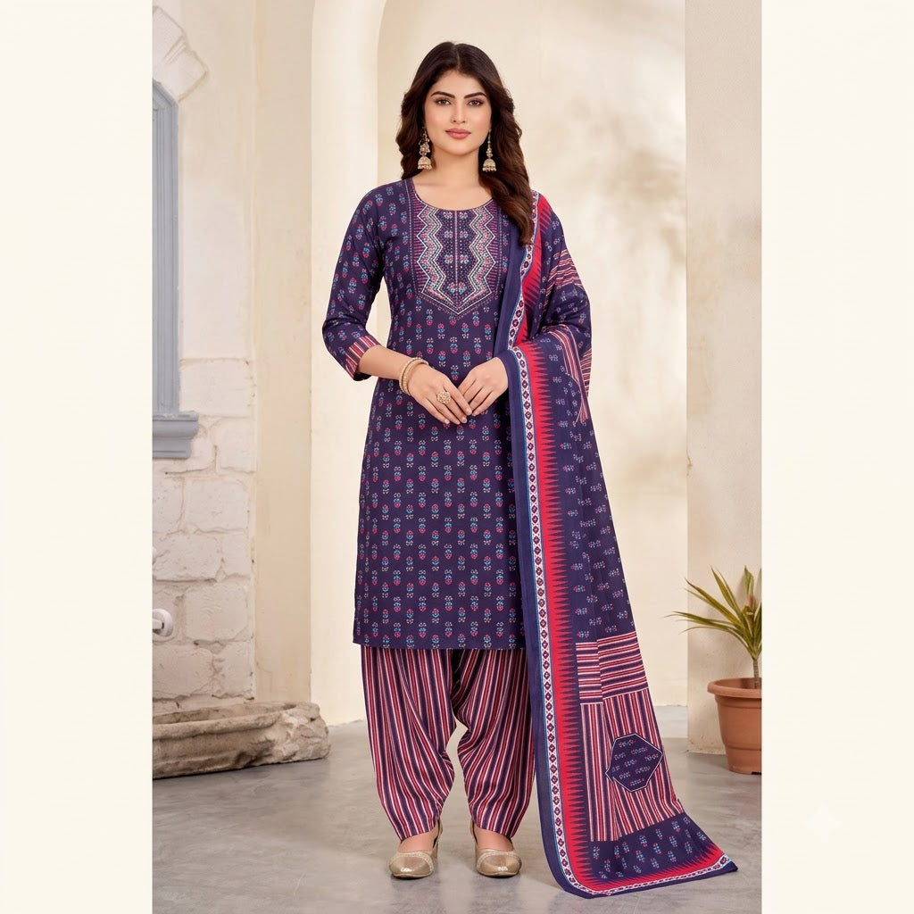 Navy Multicolor Print Embroidered Patiala Suit — House of Kapasa