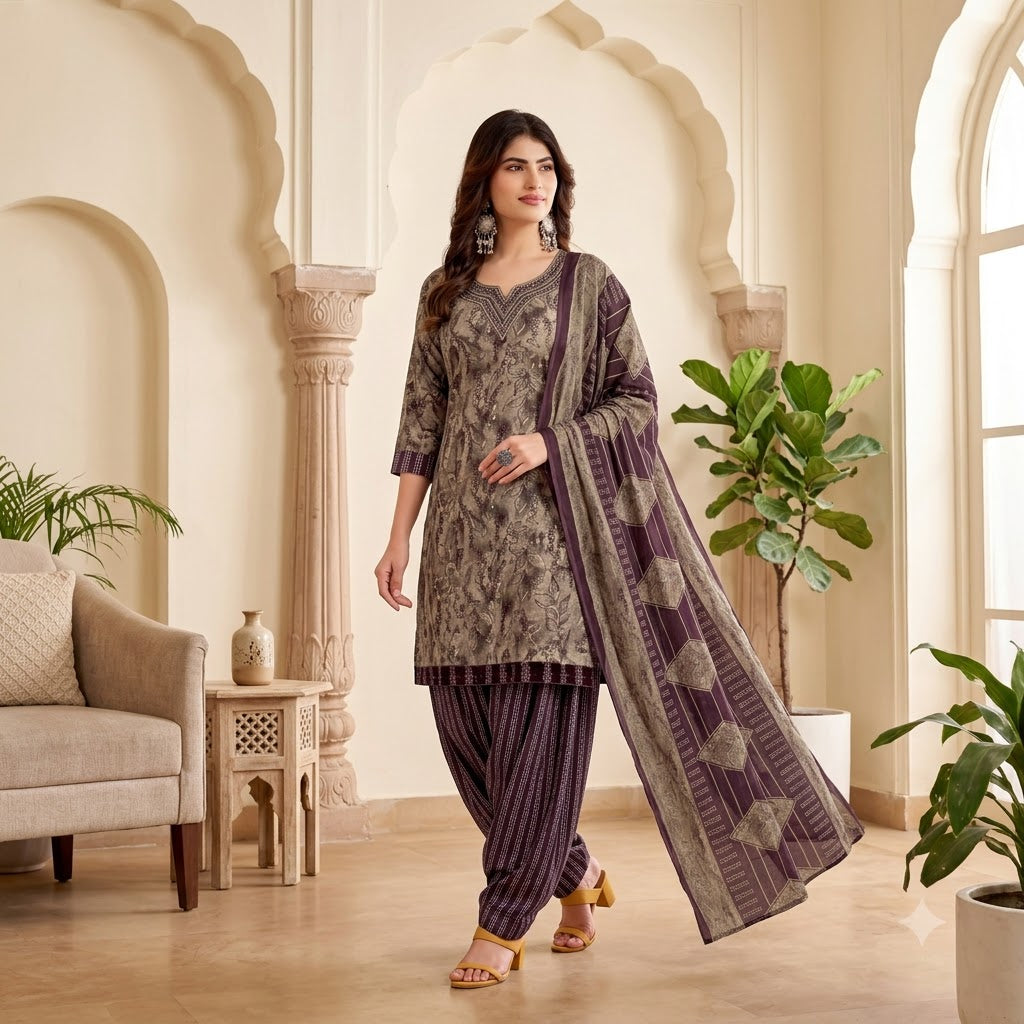 Taupe Grey Embroidered Patiala Suit — House of Kapasa