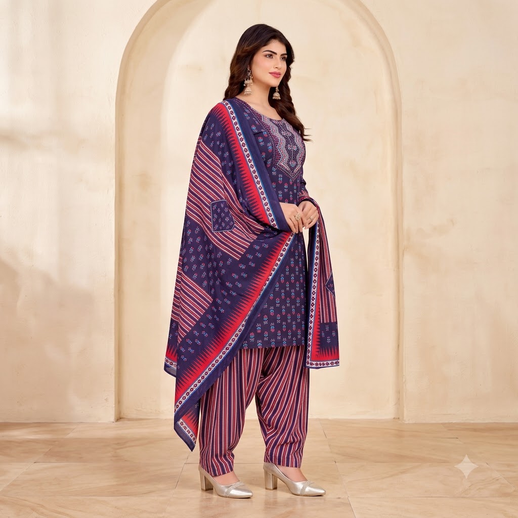 Navy Multicolor Print Embroidered Patiala Suit — House of Kapasa