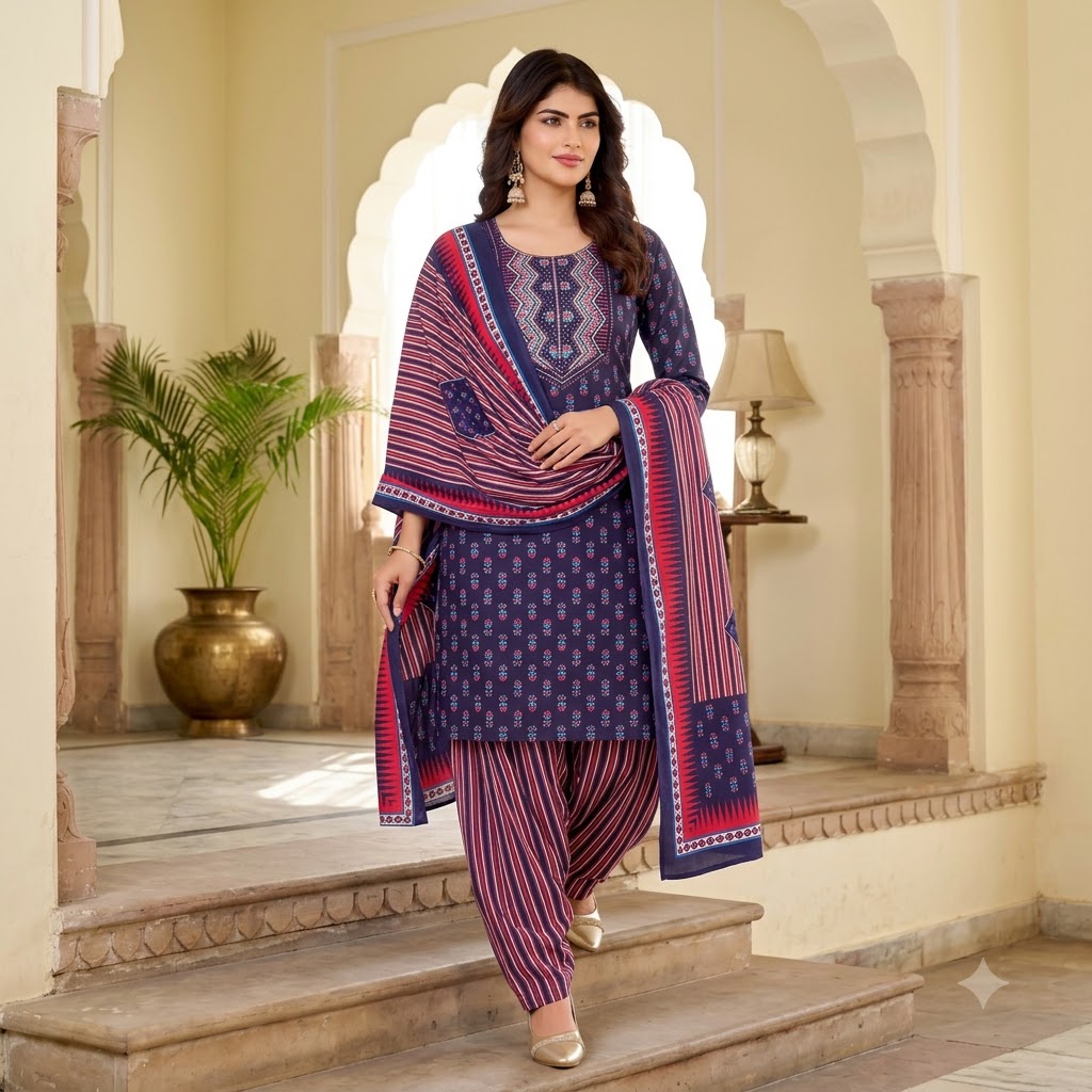 Navy Multicolor Print Embroidered Patiala Suit — House of Kapasa