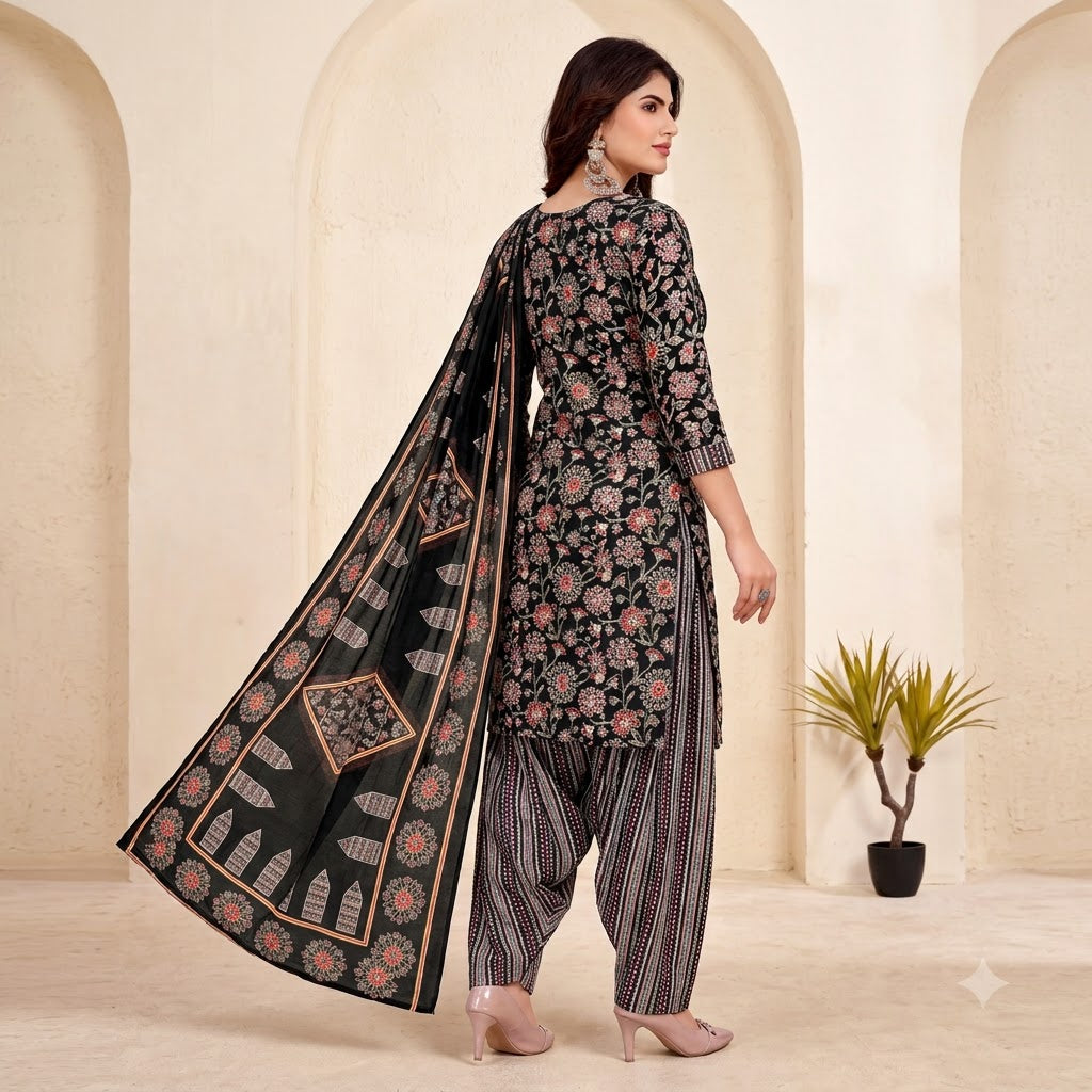 Black Floral Embroidered Patiala Suit — House of Kapasa