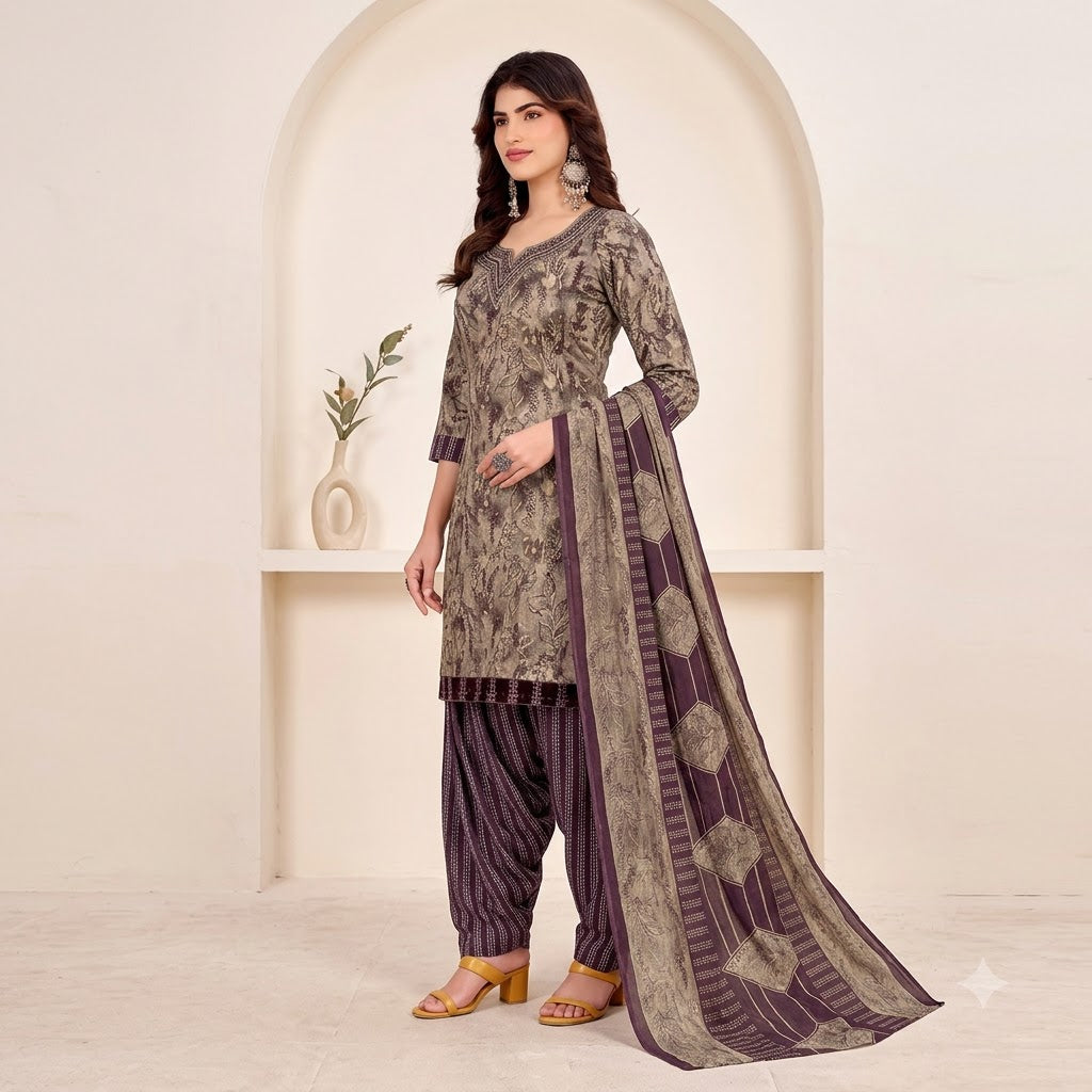Taupe Grey Embroidered Patiala Suit — House of Kapasa