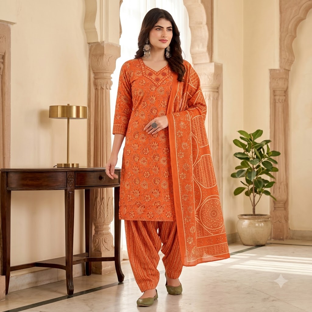 Orange Mandala Print Embroidered Patiala Suit — House of Kapasa
