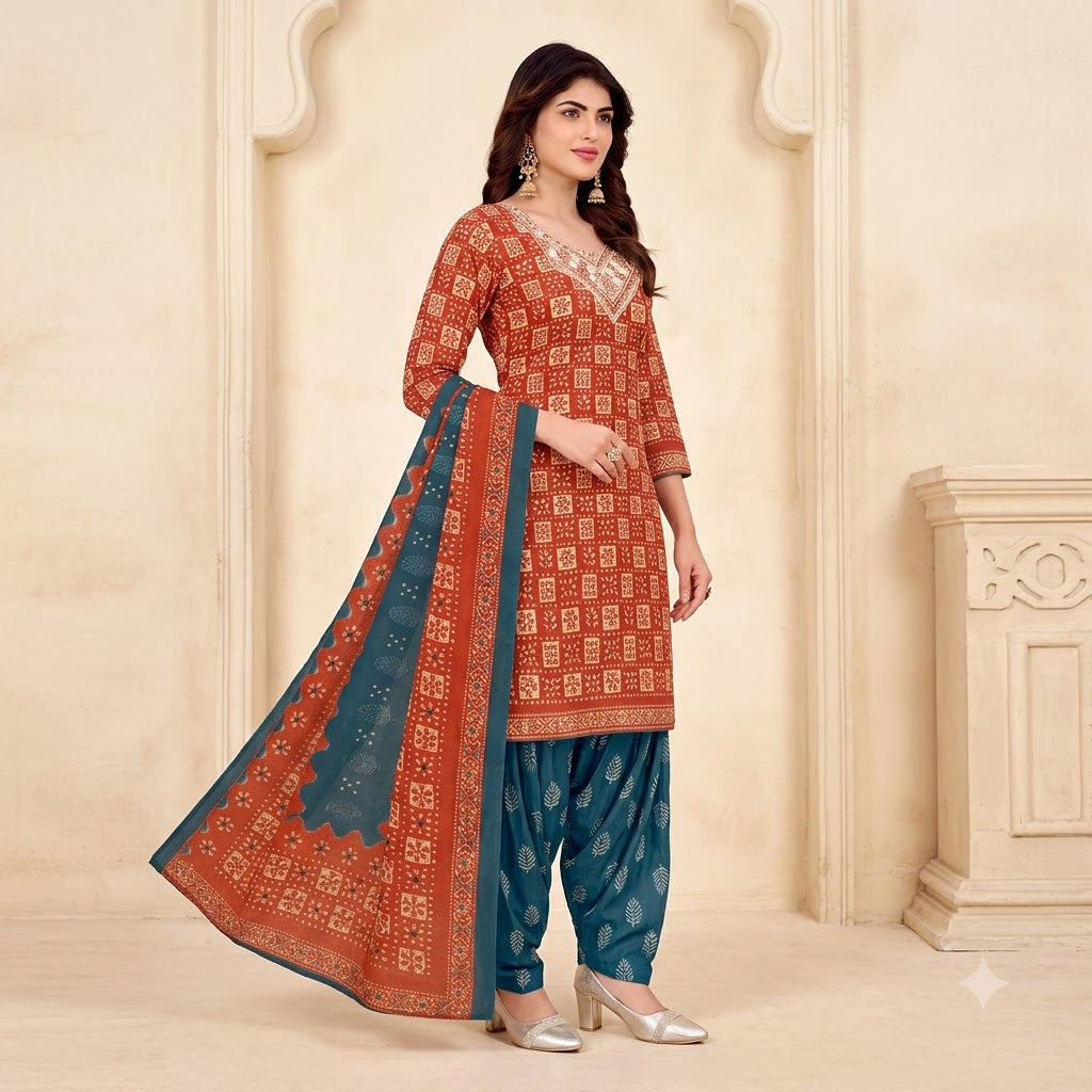 Rust Ajrakh Embroidered Patiala Suit — House of Kapasa