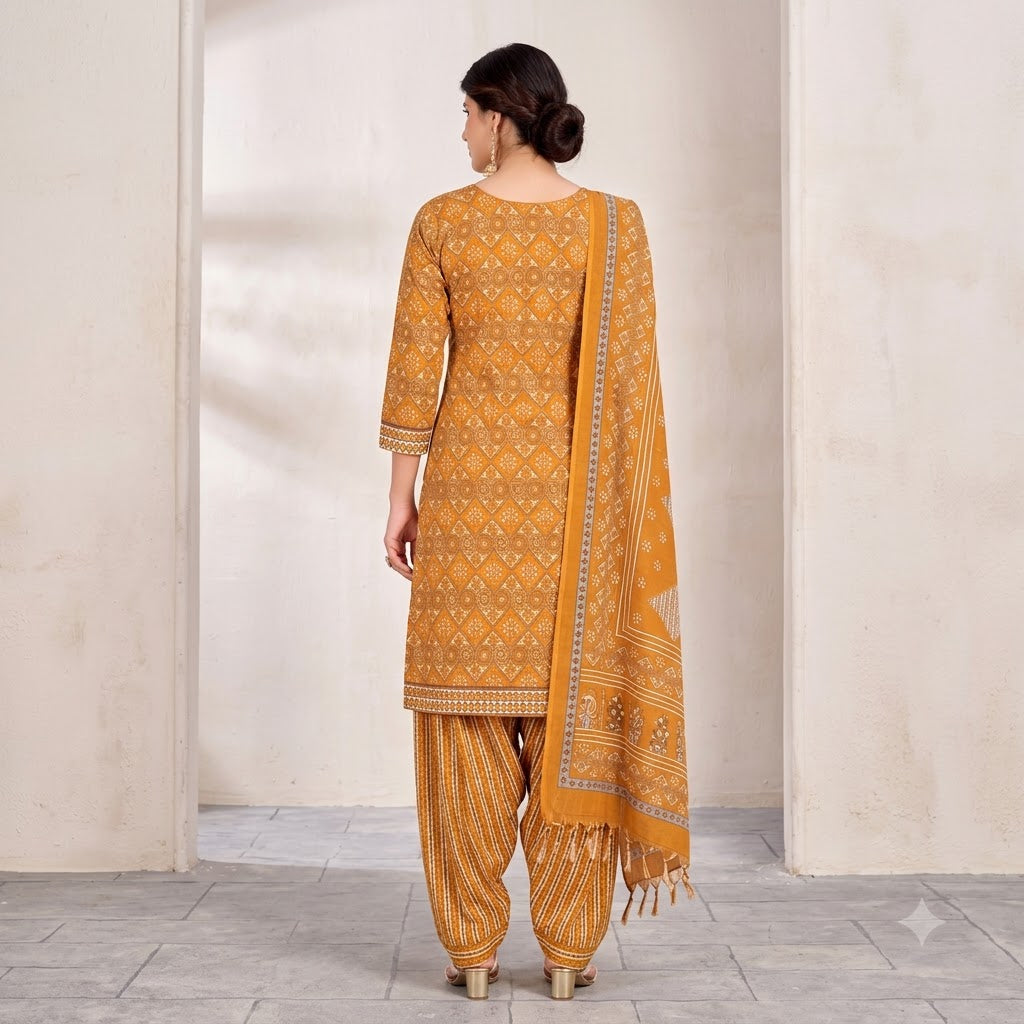 Mustard Diamond Print Embroidered Patiala Suit — House of Kapasa