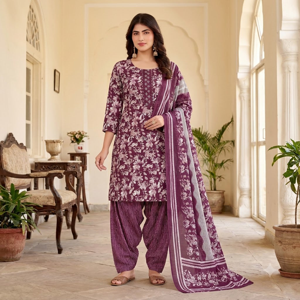 Wine Floral Print Embroidered Patiala Suit — House of Kapasa