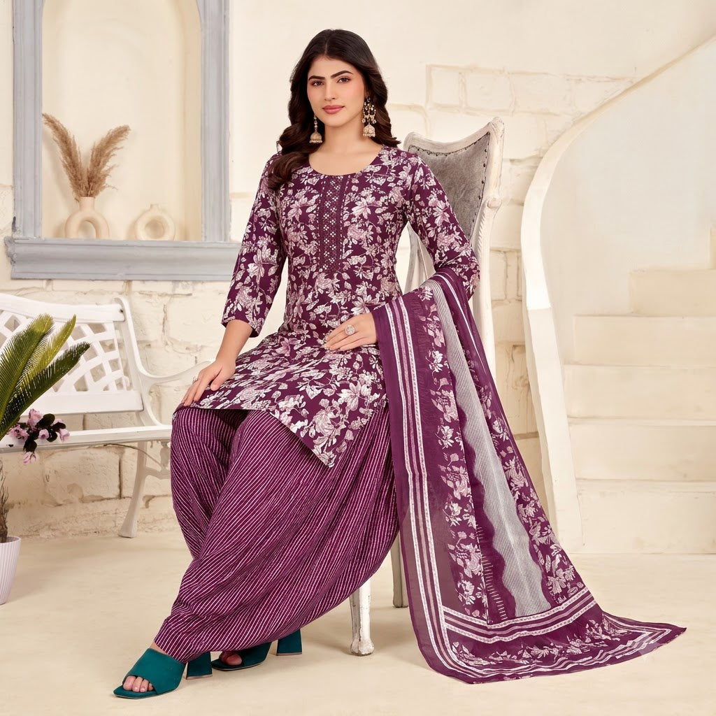 Wine Floral Print Embroidered Patiala Suit — House of Kapasa