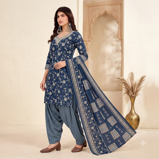 Indigo Floral Embroidered Patiala Suit — House of Kapasa
