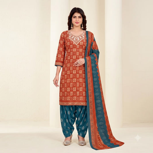 Rust Ajrakh Embroidered Patiala Suit — House of Kapasa