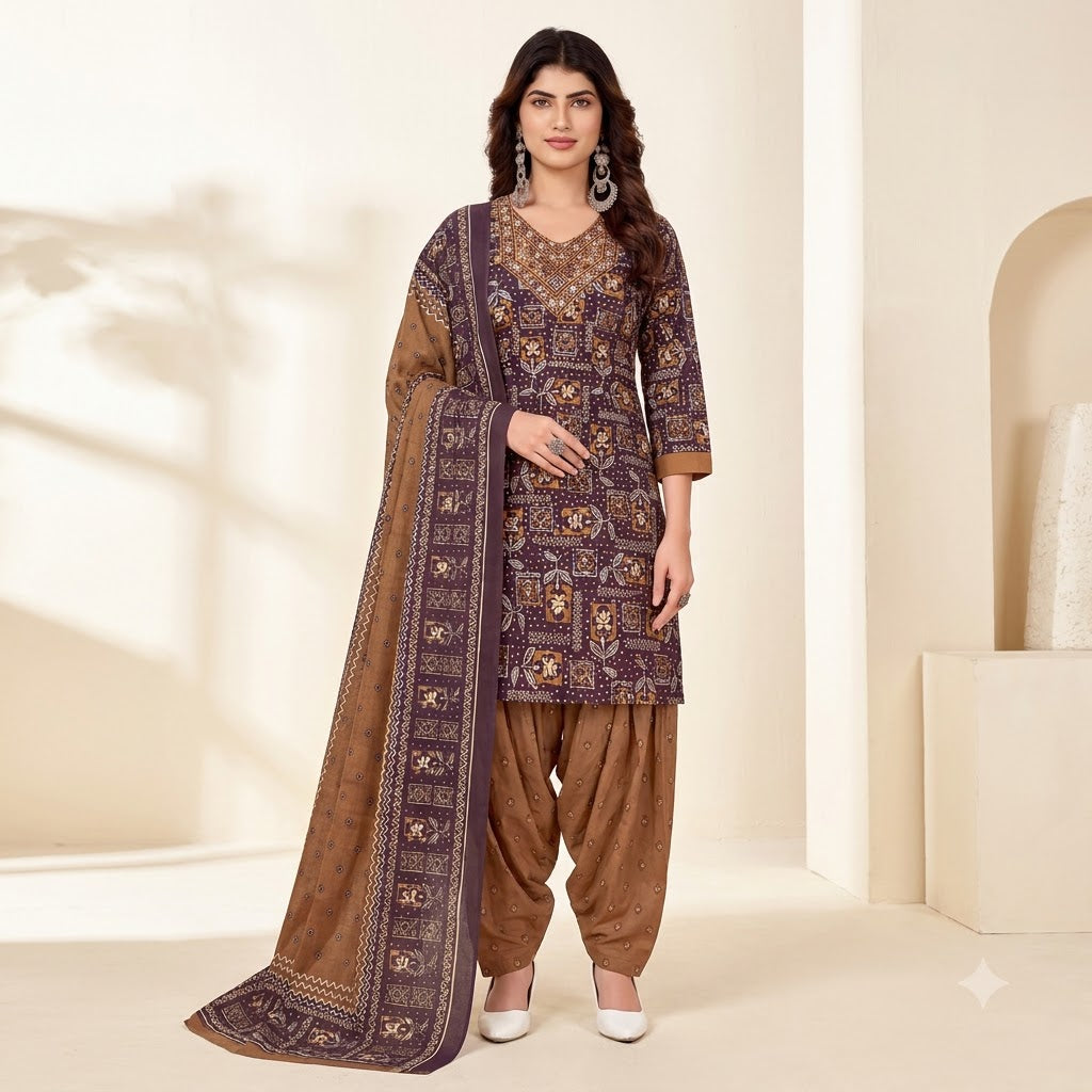 Mauve Ajrakh Print Embroidered Patiala Suit — House of Kapasa