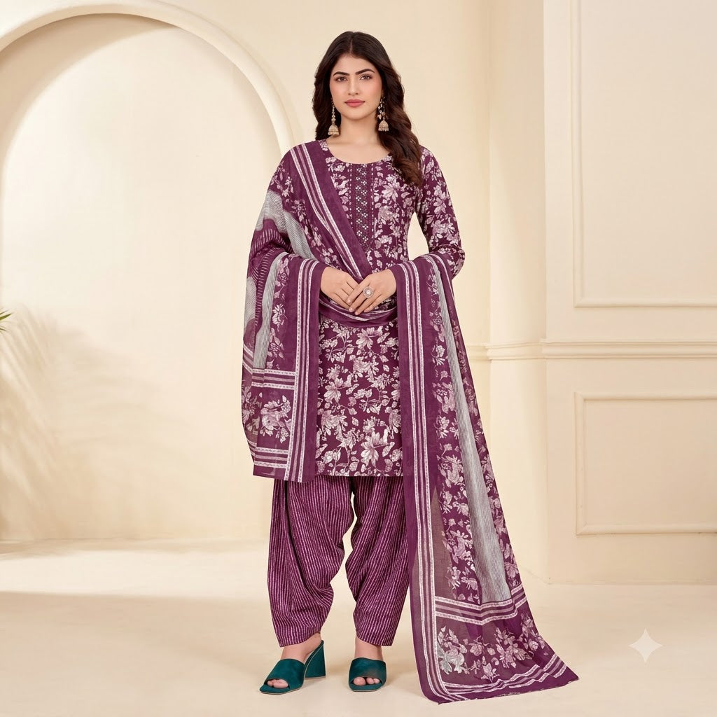 Wine Floral Print Embroidered Patiala Suit — House of Kapasa