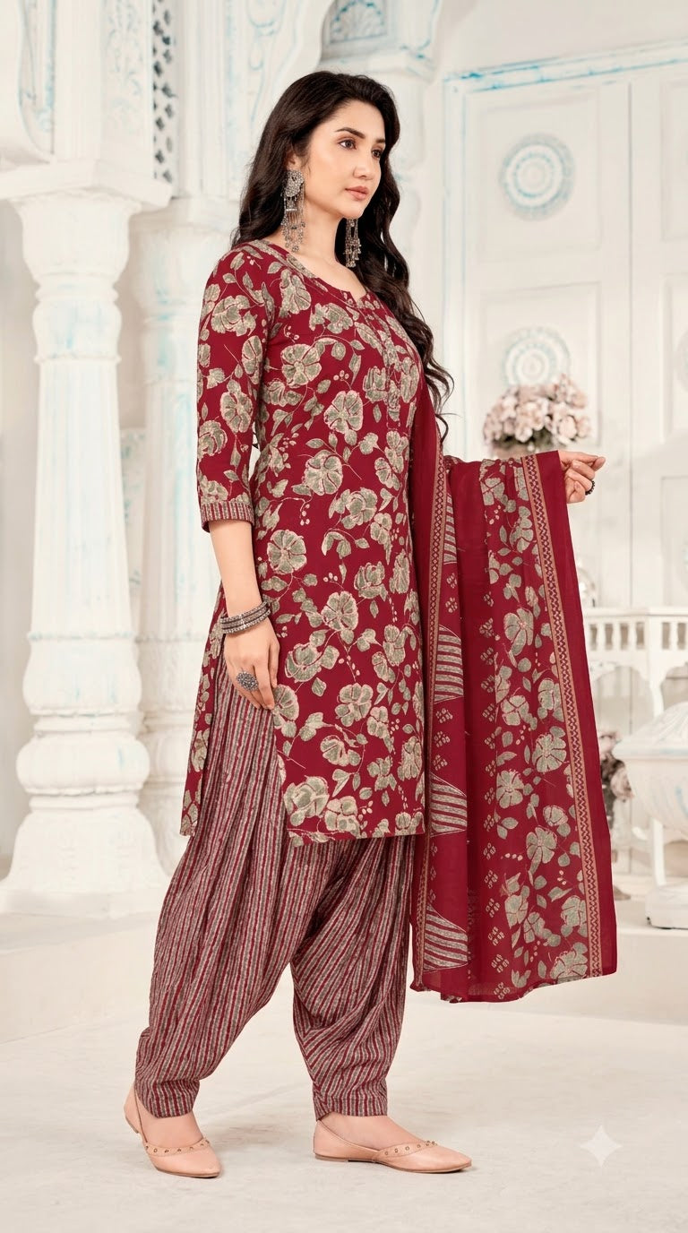 Maroon Floral Patiala Suit — House of Kapasa