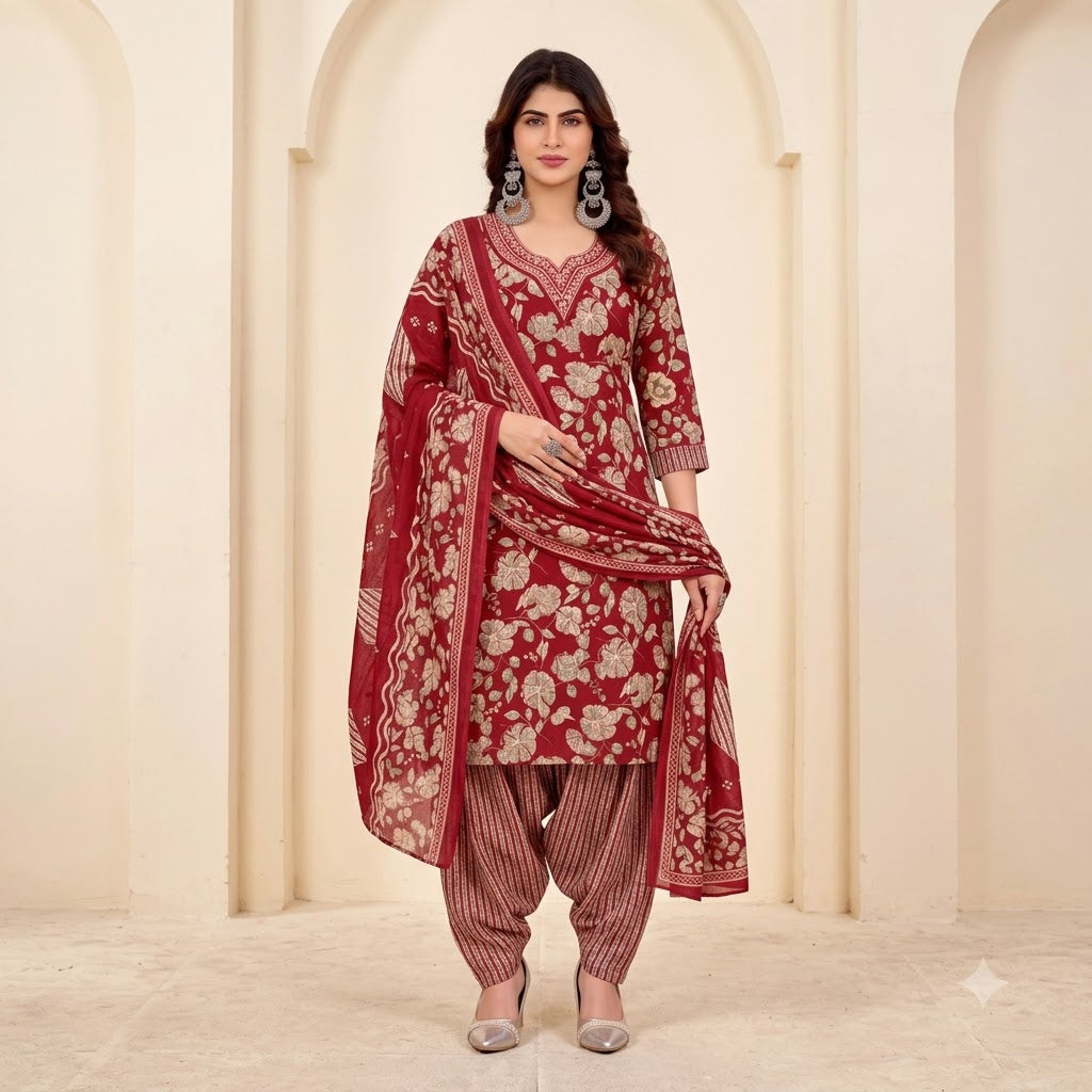 Maroon Floral Embroidered Patiala Suit — House of Kapasa