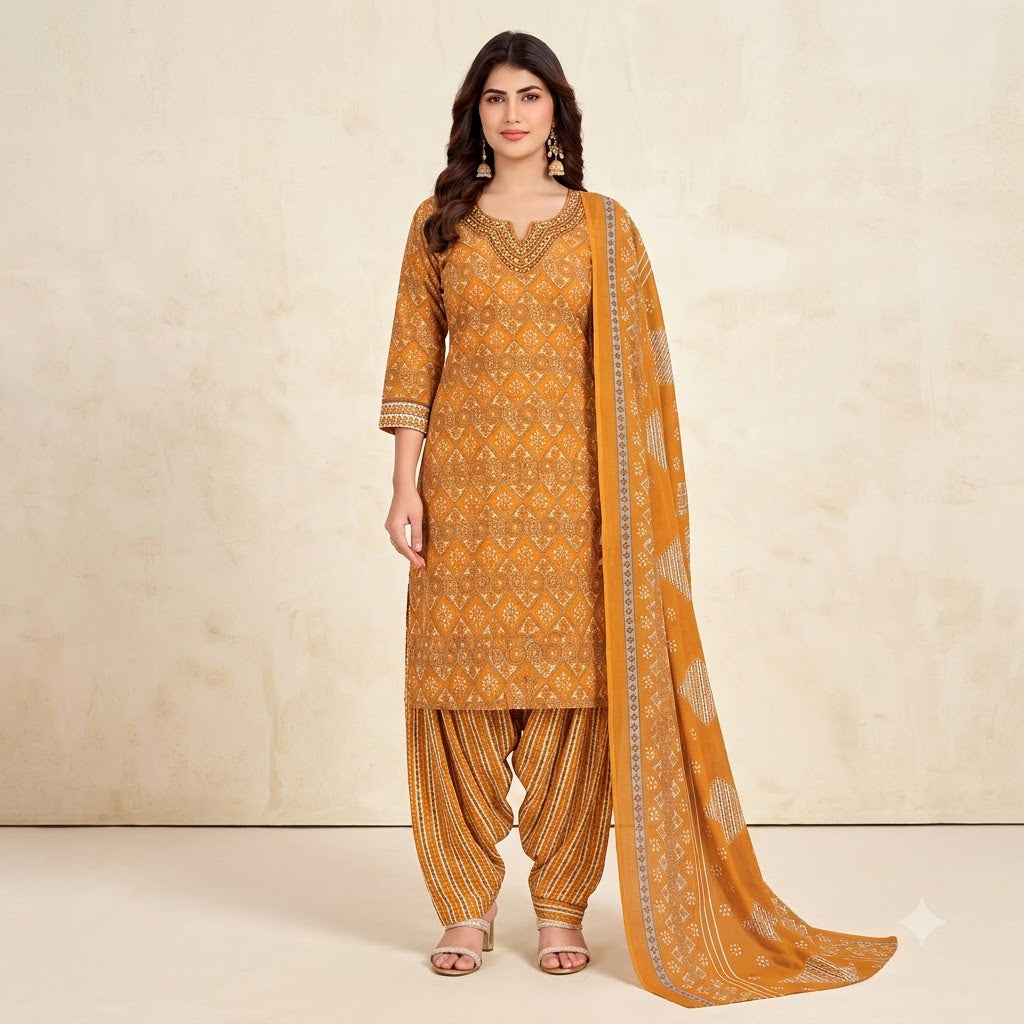 Mustard Diamond Print Embroidered Patiala Suit — House of Kapasa