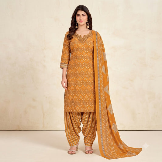 Mustard Diamond Print Embroidered Patiala Suit — House of Kapasa