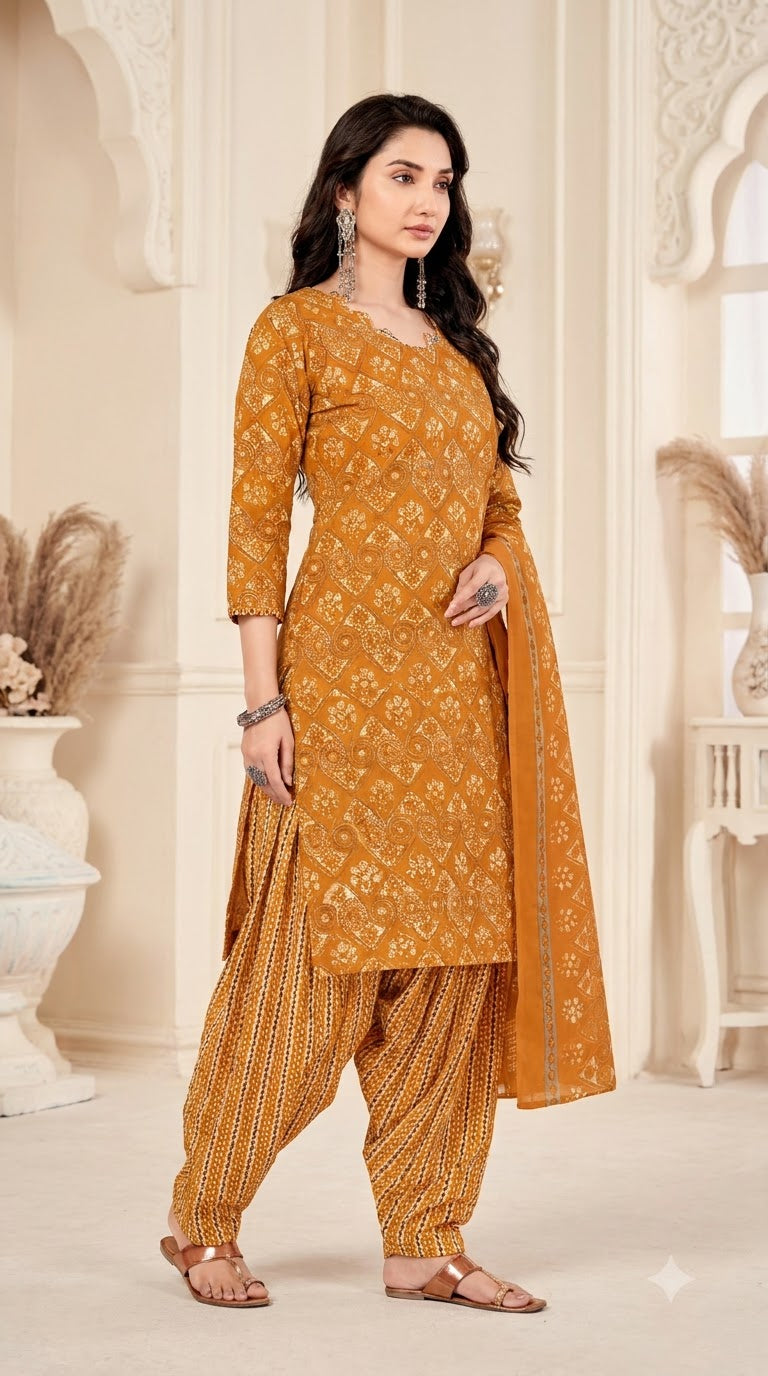 Mustard Yellow Bandhani Patiala Suit — House of Kapasa