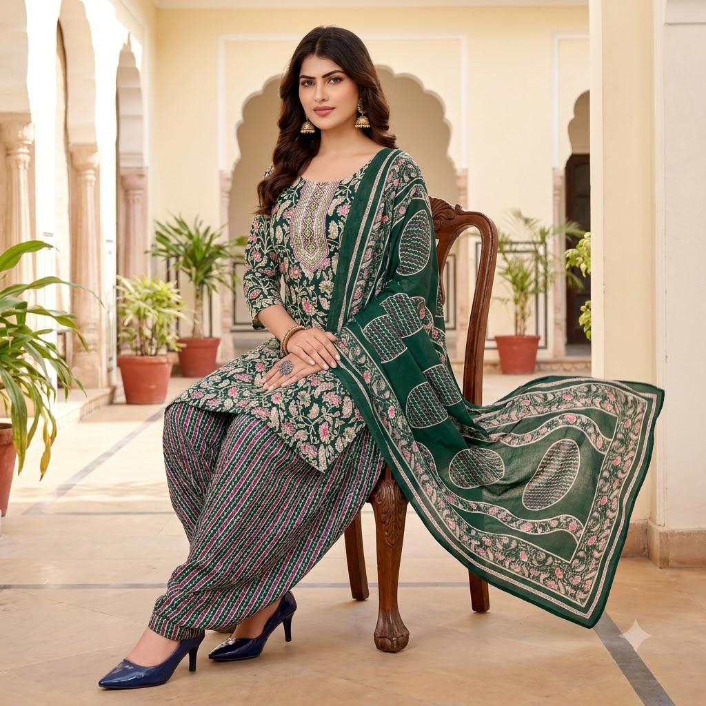 Bottle Green Floral Embroidered Patiala Suit — House of Kapasa