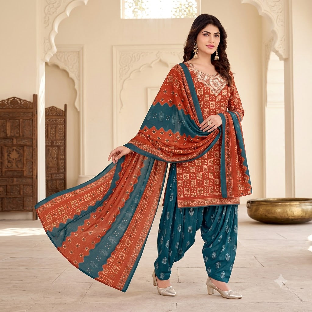 Rust Ajrakh Embroidered Patiala Suit — House of Kapasa