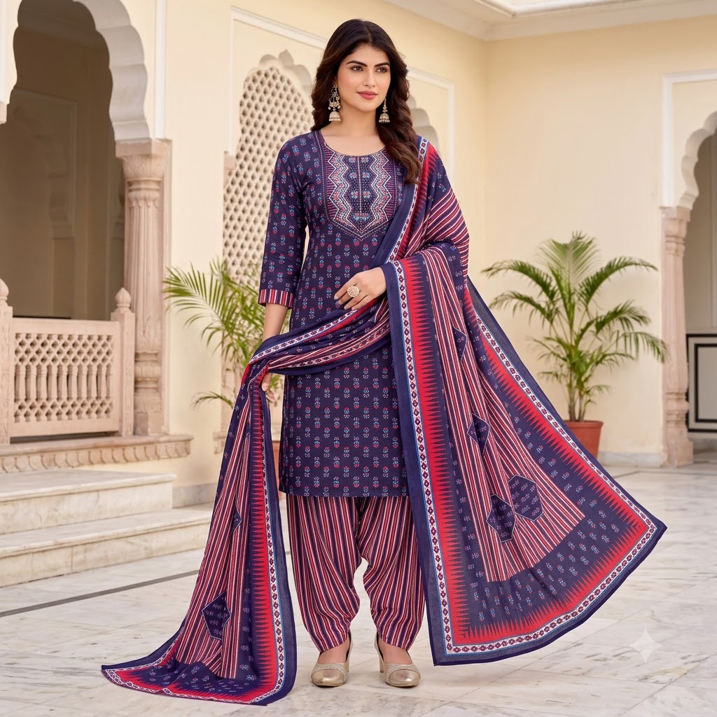 Navy Multicolor Print Embroidered Patiala Suit — House of Kapasa