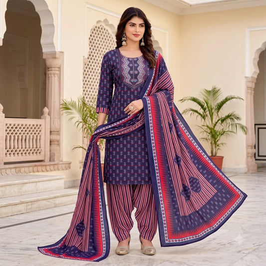 Navy Multicolor Print Embroidered Patiala Suit — House of Kapasa