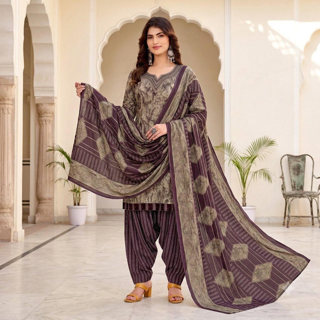 Taupe Grey Embroidered Patiala Suit — House of Kapasa