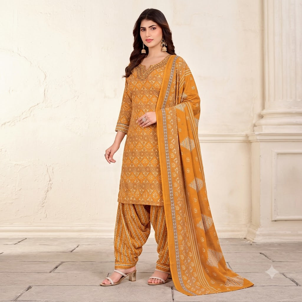 Mustard Diamond Print Embroidered Patiala Suit — House of Kapasa