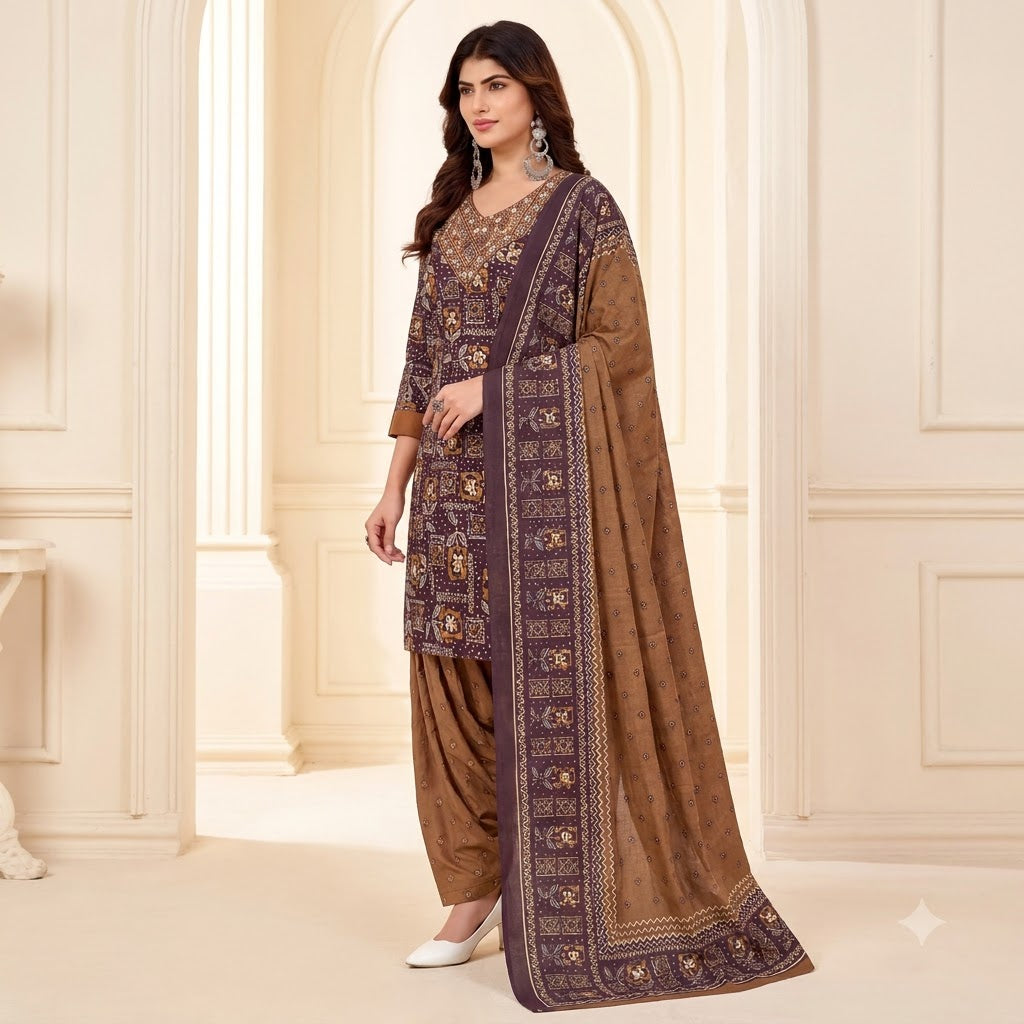 Mauve Ajrakh Print Embroidered Patiala Suit — House of Kapasa