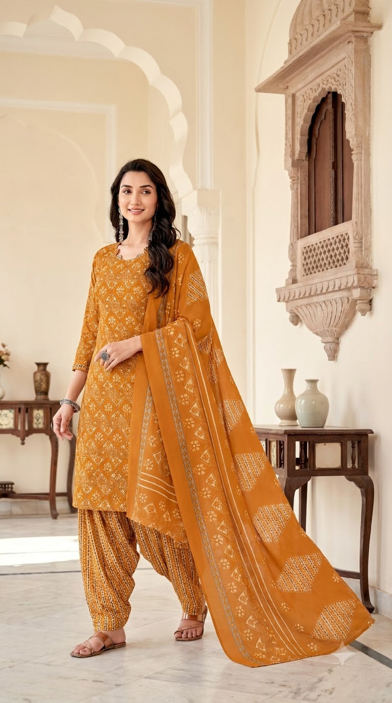 Mustard Yellow Bandhani Patiala Suit — House of Kapasa