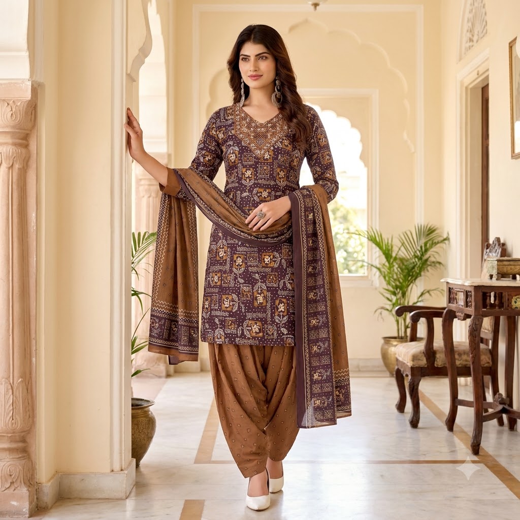 Mauve Ajrakh Print Embroidered Patiala Suit — House of Kapasa